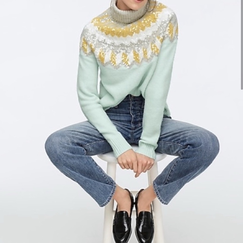 J Crew Fair Isle Sequined Turtleneck Sweater